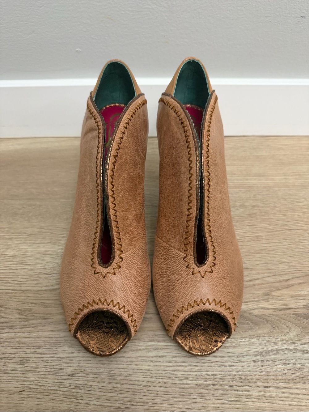 Poetic License Tan Peep-Toe Leather Booties with Scalloped Trim
